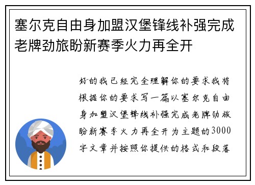 塞尔克自由身加盟汉堡锋线补强完成老牌劲旅盼新赛季火力再全开