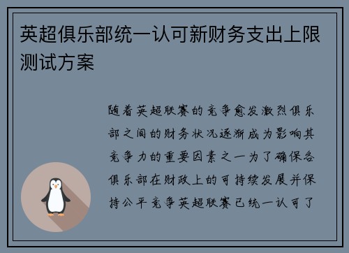 英超俱乐部统一认可新财务支出上限测试方案